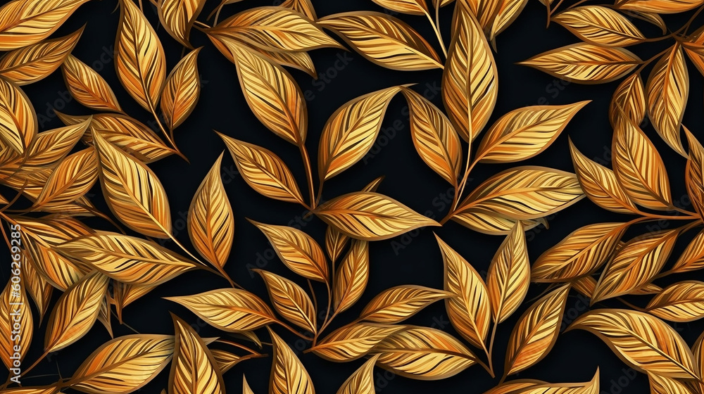 Gold elegant pattern of leaves trendy floral background. Generative AI Gold elegant pattern of leaves trendy floral background. Generative AI