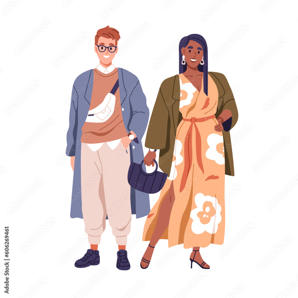 Fashion stylish family couple. Modern man and woman wearing outfits, party apparels in trendy style. Happy elegant attractive people. Flat graphic vector illustration isolated on white background