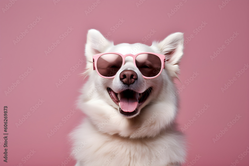 Cute dog wearing sunglasses pink studio shot portrait