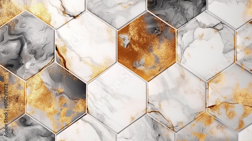 Marble hexagon elegant texture with golden leaves. 
