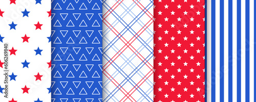 America independence day backgrounds. Seamless pattern. 4th july patriotic textures. American flag prints. Set of blue red geometric backdrops with stars stripes and plaid. Vector illustration. 