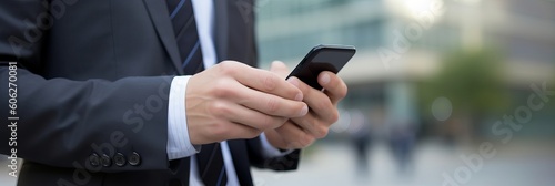 Close-up image of business man watching smart mobile phone device outdoors - Businessman networking typing an sms message in city street, businessman using mobile phone, Generative AI