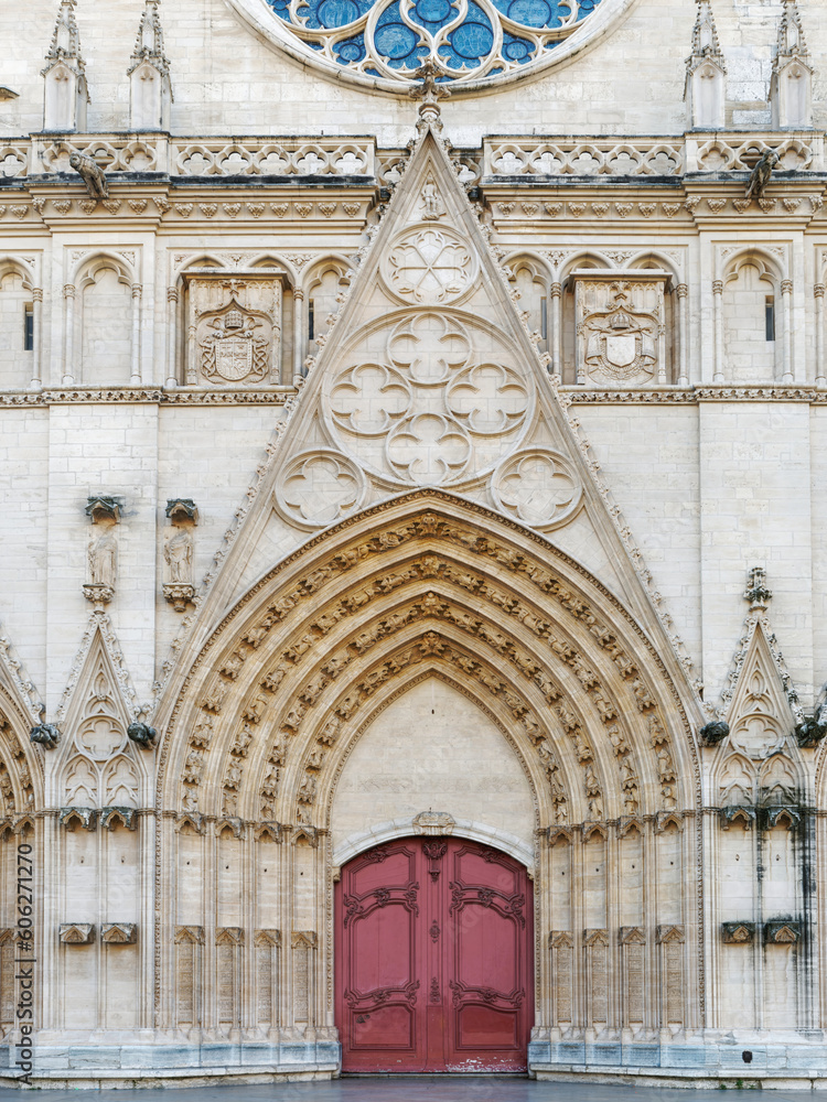 View of monumental main entrance and door to St Jean Cathedral in old Lyon district, France