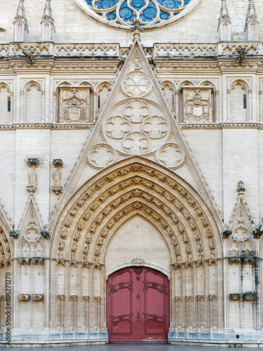 View of monumental main entrance and door to St Jean Cathedral in old Lyon district  France