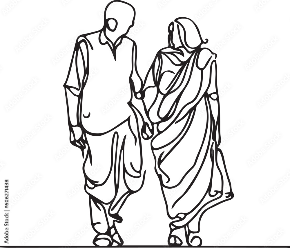 Old Couple walking holding hands line art vector 