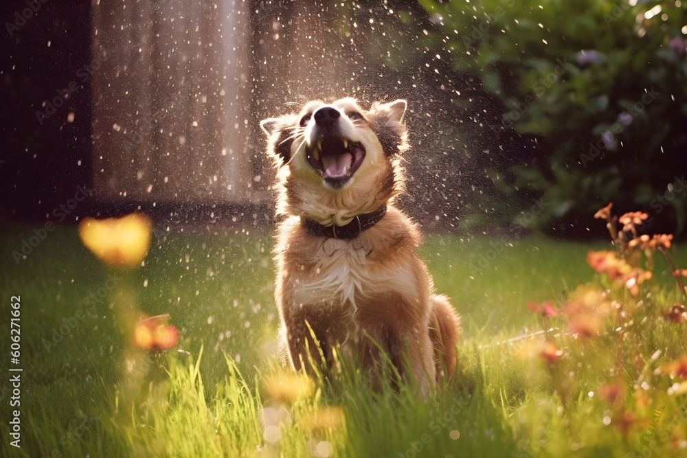 Dog in garden enjoying a summer shower - obrazy, fototapety, plakaty 