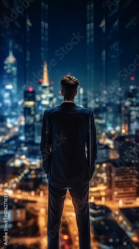 Young and successful businessman looks at the city's night skyline, full of ambition and determination. Generative AI