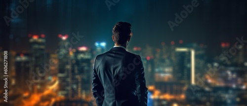 Young and successful businessman looks at the city's night skyline, full of ambition and determination. Generative AI