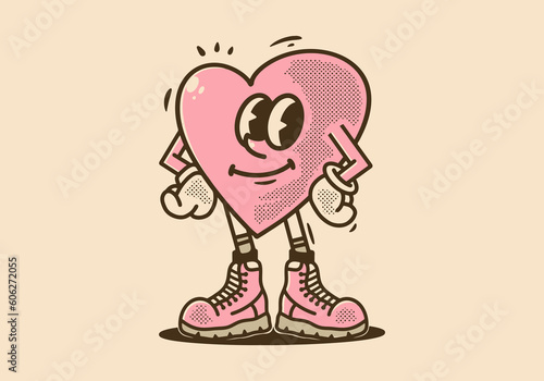 Mascot character illustration of a pink heart in a cocky style photo
