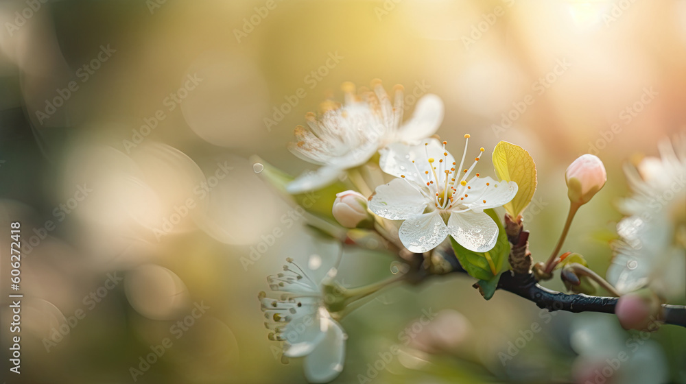 Beautiful blooming branch of cherry with white flowers in spring.
