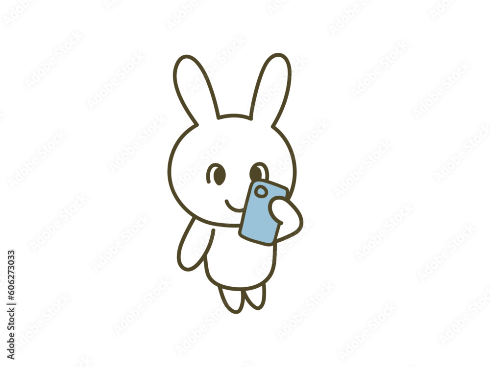Fototapeta premium スマホでインターネットを見るポップなうさぎイラスト_背景無地