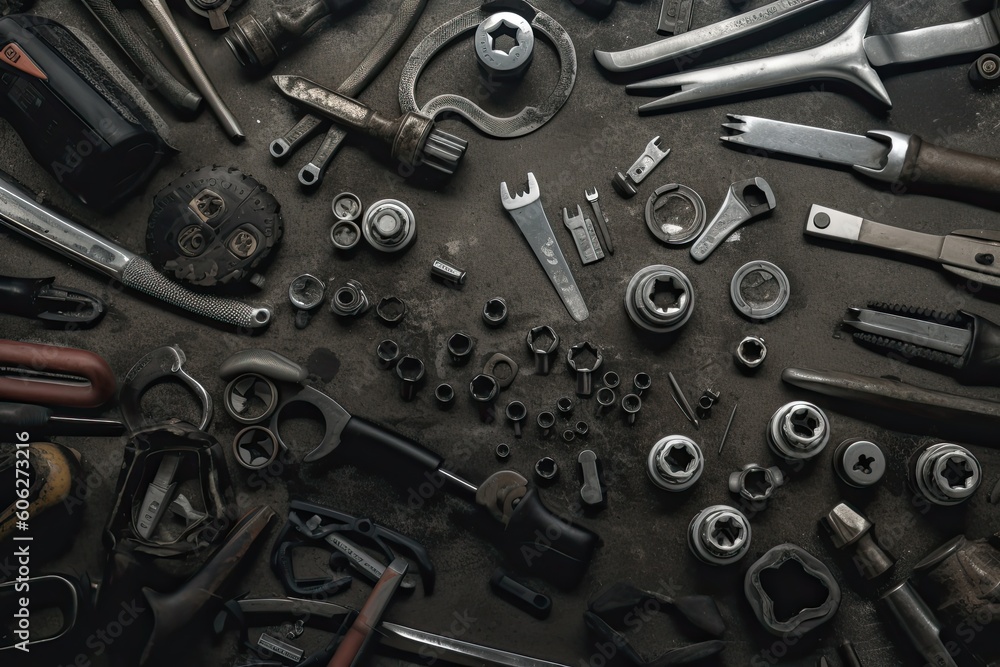 Set of tools and instruments on a black background. Top view Set of tools and instruments on a black background. Top view