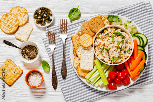 salmon salad with fresh veggies and crackers