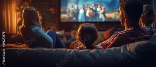 Family sitting together in a cozy living room, watching television and enjoying quality time together. Generative AI