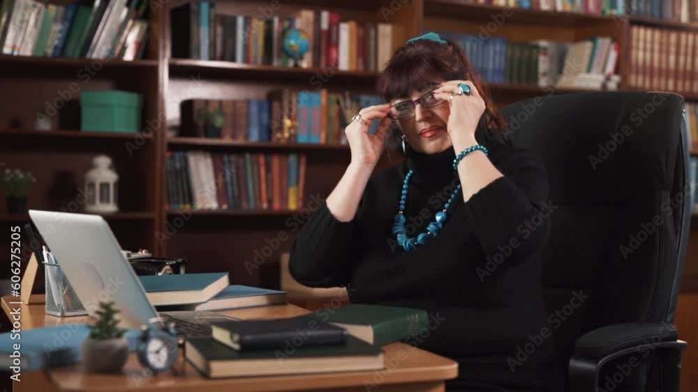 The woman is sitting at a table with an open laptop and many books on it. She looks serious and confident, surrounded by numerous books. She is gently smiling. The woman is sitting at a table with an open laptop and many books on it. She looks serious and confident, surrounded by numerous books. She is gently smiling.