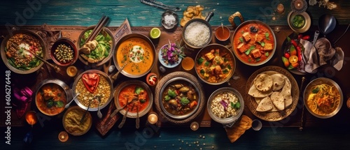 Top view of a colorful assortment of Indian food beautifully arranged on a table. The rich flavors and vibrant culinary culture of India. Generative AI © ColdFire