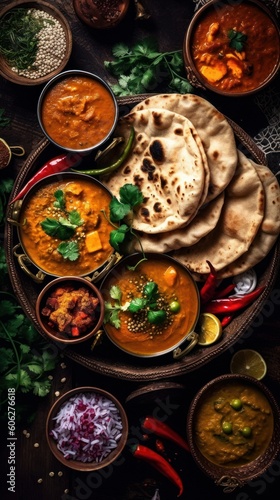 Top view of a colorful assortment of Indian food beautifully arranged on a table. The rich flavors and vibrant culinary culture of India. Generative AI