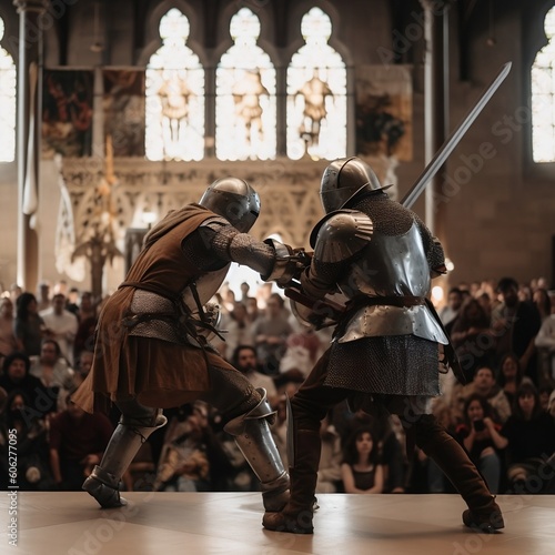 Sword fighting demonstration in a church