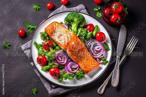 Grilled salmon fish fillet and fresh green leafy vegetable salad with tomatoes red onion and broccoli, Healthy food, Ketogenic lunch, Top view