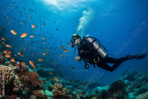 Girl scuba diver diving on tropical reef with blue background and reef fish