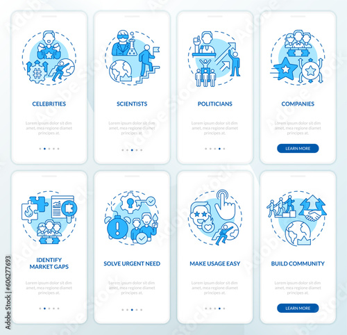 Trend setters blue onboarding mobile app screen set. Marketing strategy walkthrough 4 steps editable graphic instructions with linear concepts. UI, UX template. Myriad Pro-Bold, Regular fonts used