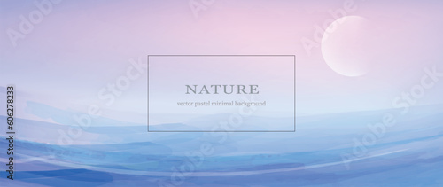 Nature Background in Pastel calming lilac colors with watercolor texture,  waves and moon. Minimal design for banner, brochure, flyer etc. 