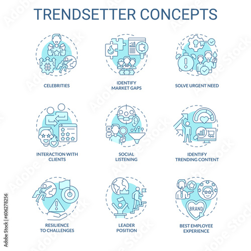 Trendsetter turquoise concept icons set. Social media. New approach. Predictive analytics. Marketing strategy. Trend setter idea thin line color illustrations. Isolated symbols. Editable stroke