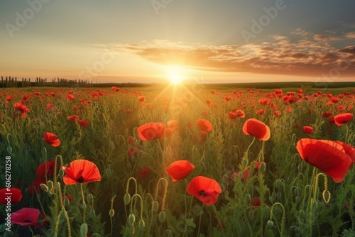 Landscape with poppies at sunset 