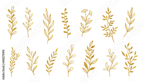 Gold branch leaf element set. Hand drawn sketch doodle golden leaves floral element for wedding background  elegant design. Vector illustration.