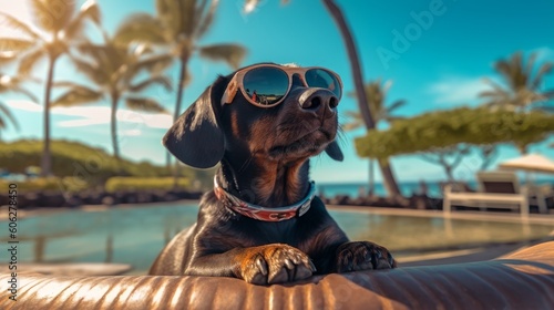 The dog enjoys a summer vacation at a seaside resort, resting on a sunny beach. Generative AI