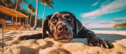The dog enjoys a summer vacation at a seaside resort, resting on a sunny beach. Generative AI