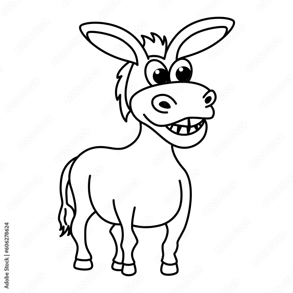 Funny donkey cartoon characters vector illustration. For kids coloring book. Funny donkey cartoon characters vector illustration. For kids coloring book.