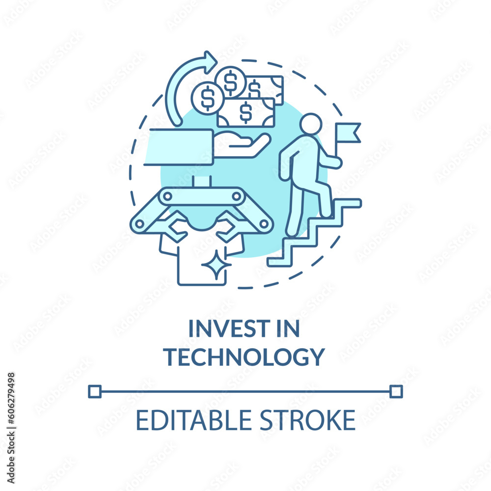 Invest in technology turquoise concept icon. Retail trend. Automated process. Contactless payment. Business innovation abstract idea thin line illustration. Isolated outline drawing. Editable stroke Invest in technology turquoise concept icon. Retail trend. Automated process. Contactless payment. Business innovation abstract idea thin line illustration. Isolated outline drawing. Editable stroke