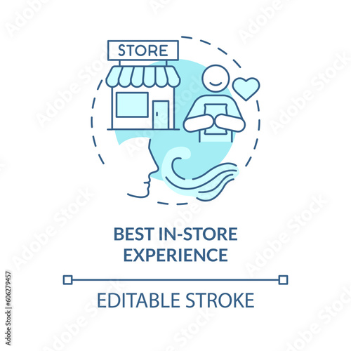 Best in store experience turquoise concept icon. Customer engagement. Visual merchandising. Satisfied client abstract idea thin line illustration. Isolated outline drawing. Editable stroke