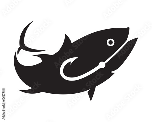 The hook is in the tuna, sea fishing symbol, black sea fish graphic on white background