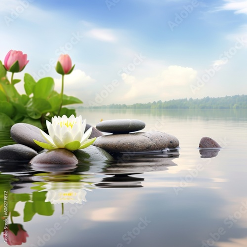 Spa scene with Stone  Water Lilies