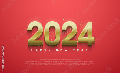 Happy New Year 2024 with shiny 3D gold numbers. New Year celebration design. Premium vector design for posters, banners, calendar and greetings.