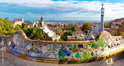 Panoramic view of Park Guell in Barcelona, Spain