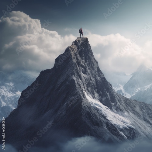 Compose an image that encapsulates the sense of triumph and accomplishment experienced by a hiker reaching the summit of a towering mountain peak. Generative AI © Matyfiz