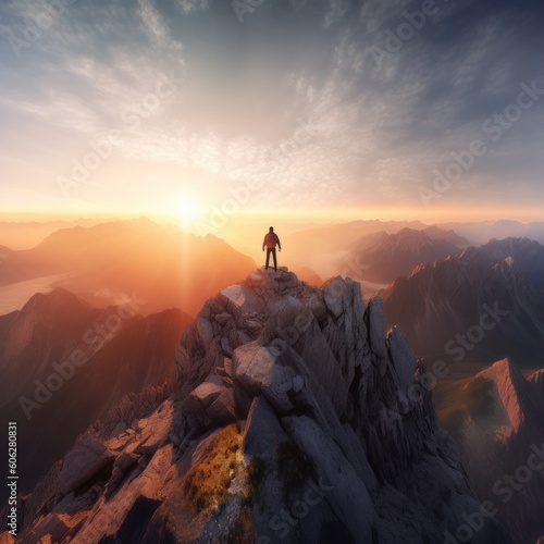 Compose an image that encapsulates the sense of triumph and accomplishment experienced by a hiker reaching the summit of a towering mountain peak. Generative AI