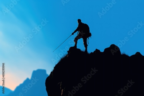 Compose an image that encapsulates the sense of triumph and accomplishment experienced by a hiker reaching the summit of a towering mountain peak. Generative AI