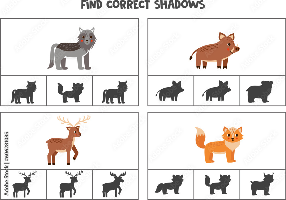 Find correct shadow of cute woodland animals. Printable clip card games for children.
