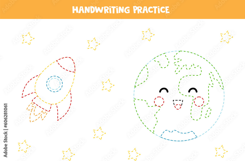 Tracing lines for kids. Cute cartoon Earth and rocket. Writing practice. Tracing lines for kids. Cute cartoon Earth and rocket. Writing practice.