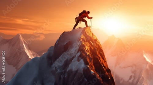 Compose an image that encapsulates the sense of triumph and accomplishment experienced by a hiker reaching the summit of a towering mountain peak. Generative AI © Matyfiz