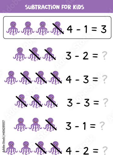 Subtraction with cute purple octopus. Educational math game for kids.
