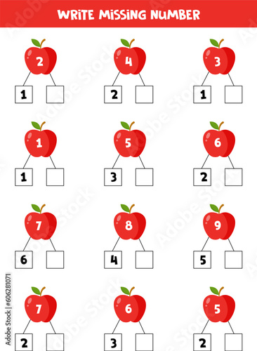 Number bonds with cute cartoon apple for kids.
