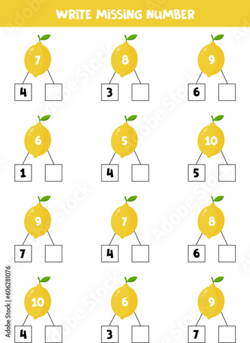 Number bonds with cute cartoon lemon for kids.