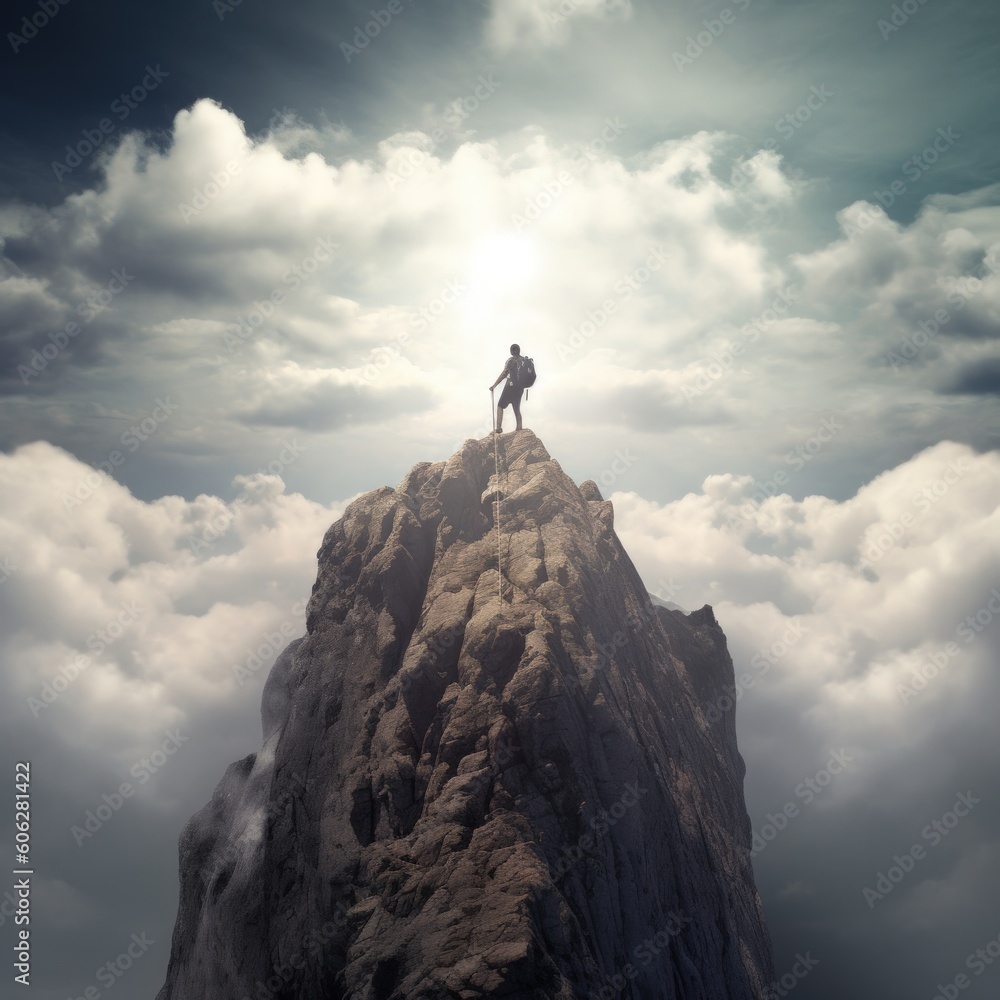 Compose an image that encapsulates the sense of triumph and accomplishment experienced by a hiker reaching the summit of a towering mountain peak. Generative AI Compose an image that encapsulates the sense of triumph and accomplishment experienced by a hiker reaching the summit of a towering mountain peak. Generative AI