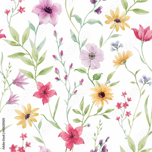 Beautiful seamless pattern with watercolor hand drawn colorful flowers. Stock illustration.