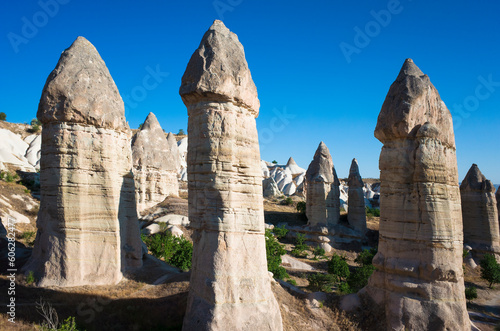 Fairy Chimney rock formations of Cappadocia, Valley with stones in form of huge phalluses made by nature, Incredible nature of Turkey